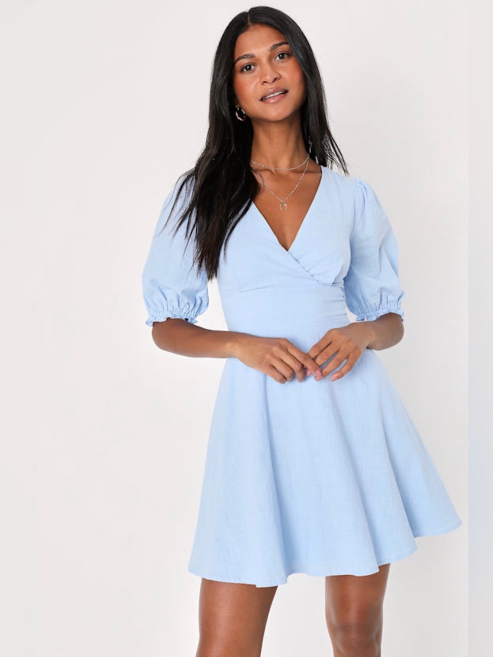 Lulus Dreaming of Paris Blue Puff Sleeve Mini Dress Size M NWT